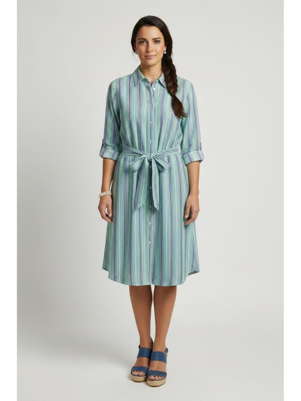 Calvin Klein Blue Green Vertical Stripe Button Front Tie Waist Shirt Dress, Sz 2